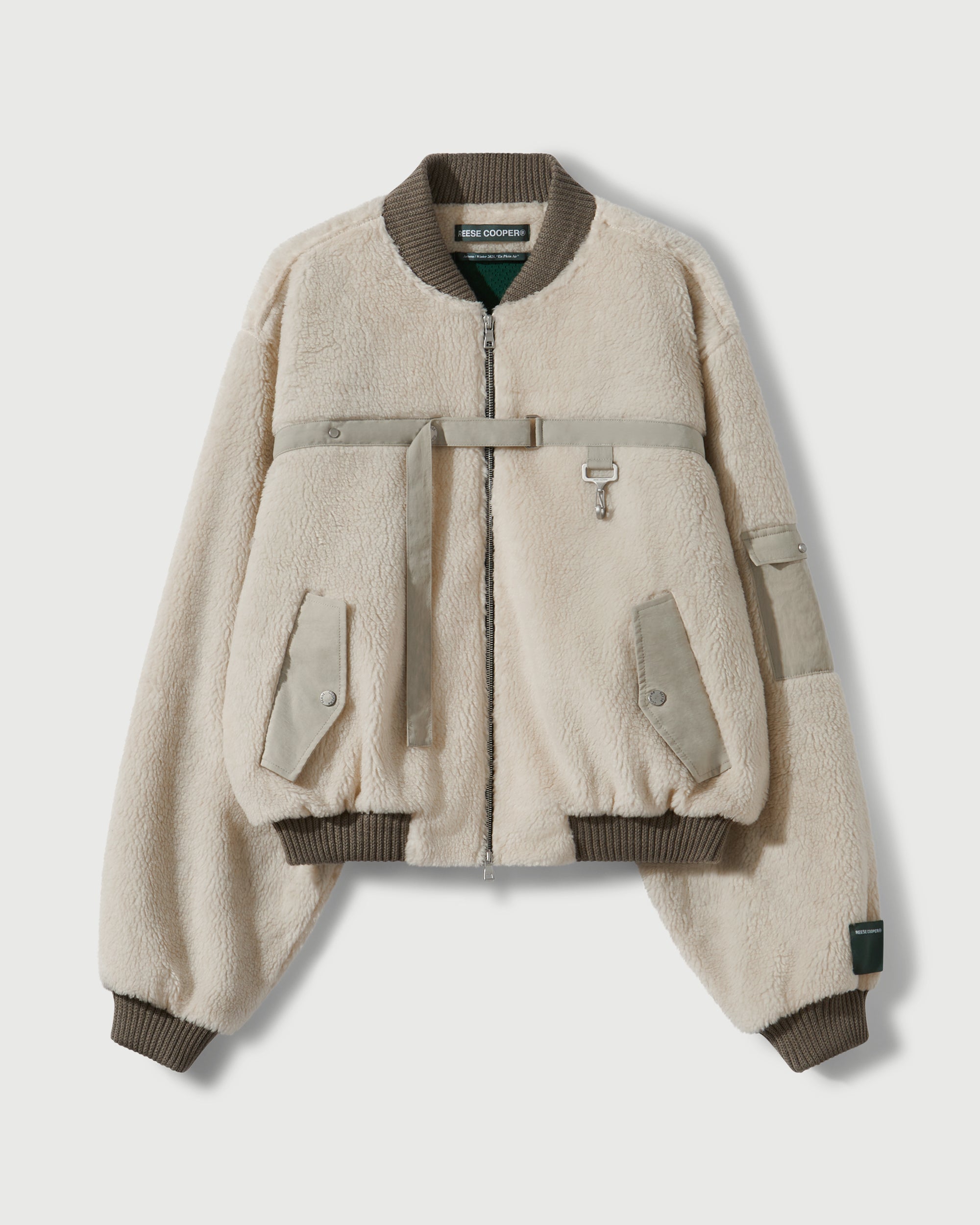 Sherpa Fleece Bomber Jacket in Cream & Khaki