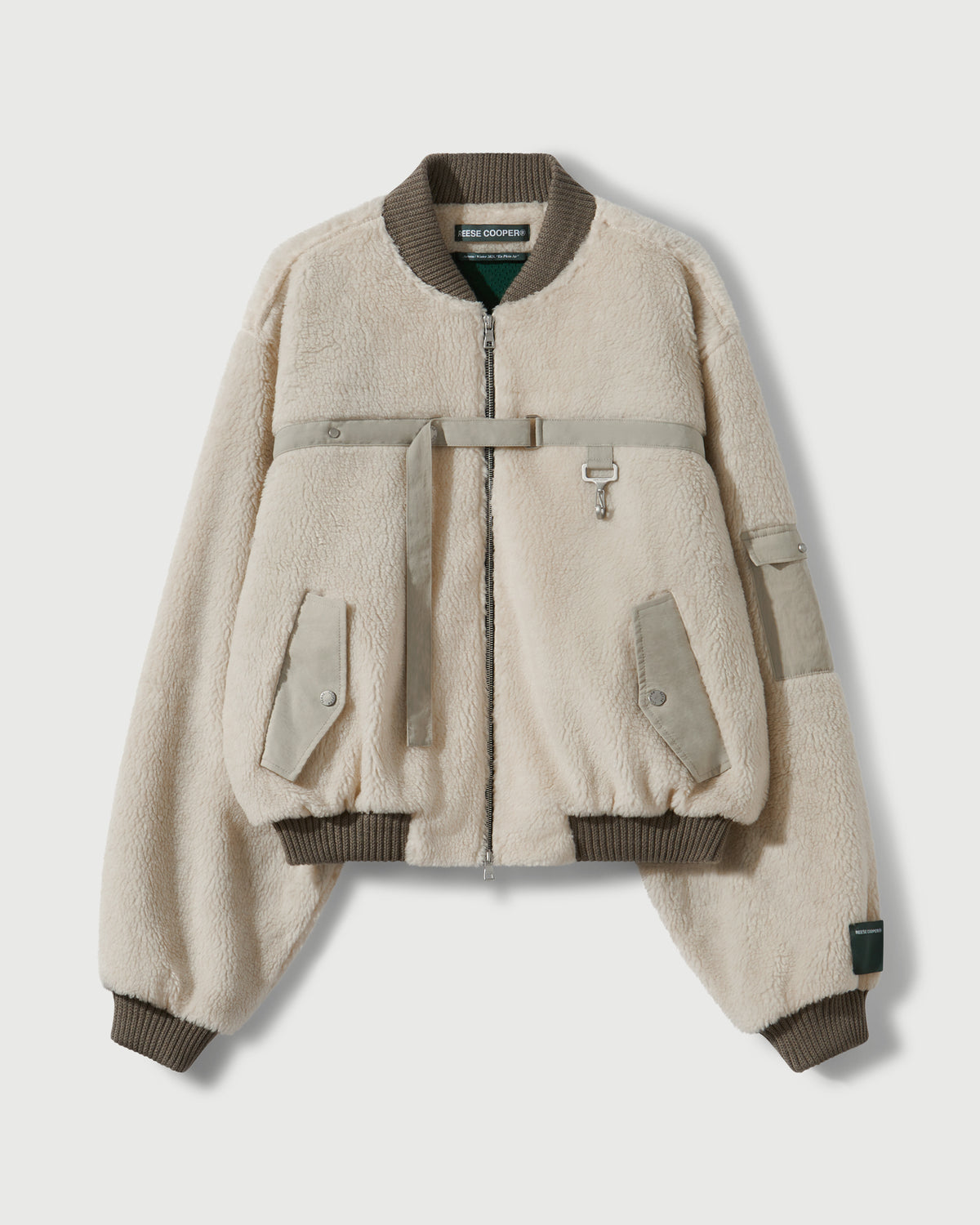 Sherpa Fleece Bomber Jacket in Cream & Khaki