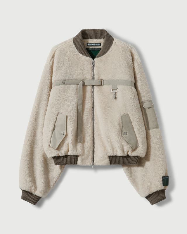 Sherpa Fleece Bomber Jacket in Cream & Khaki