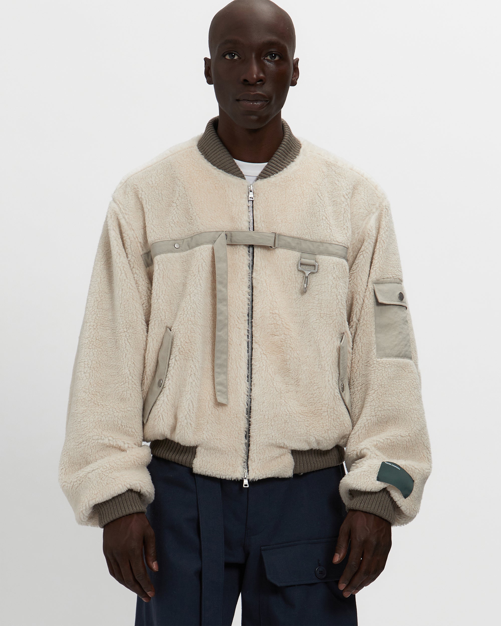 Sherpa Fleece Bomber Jacket in Cream & Khaki