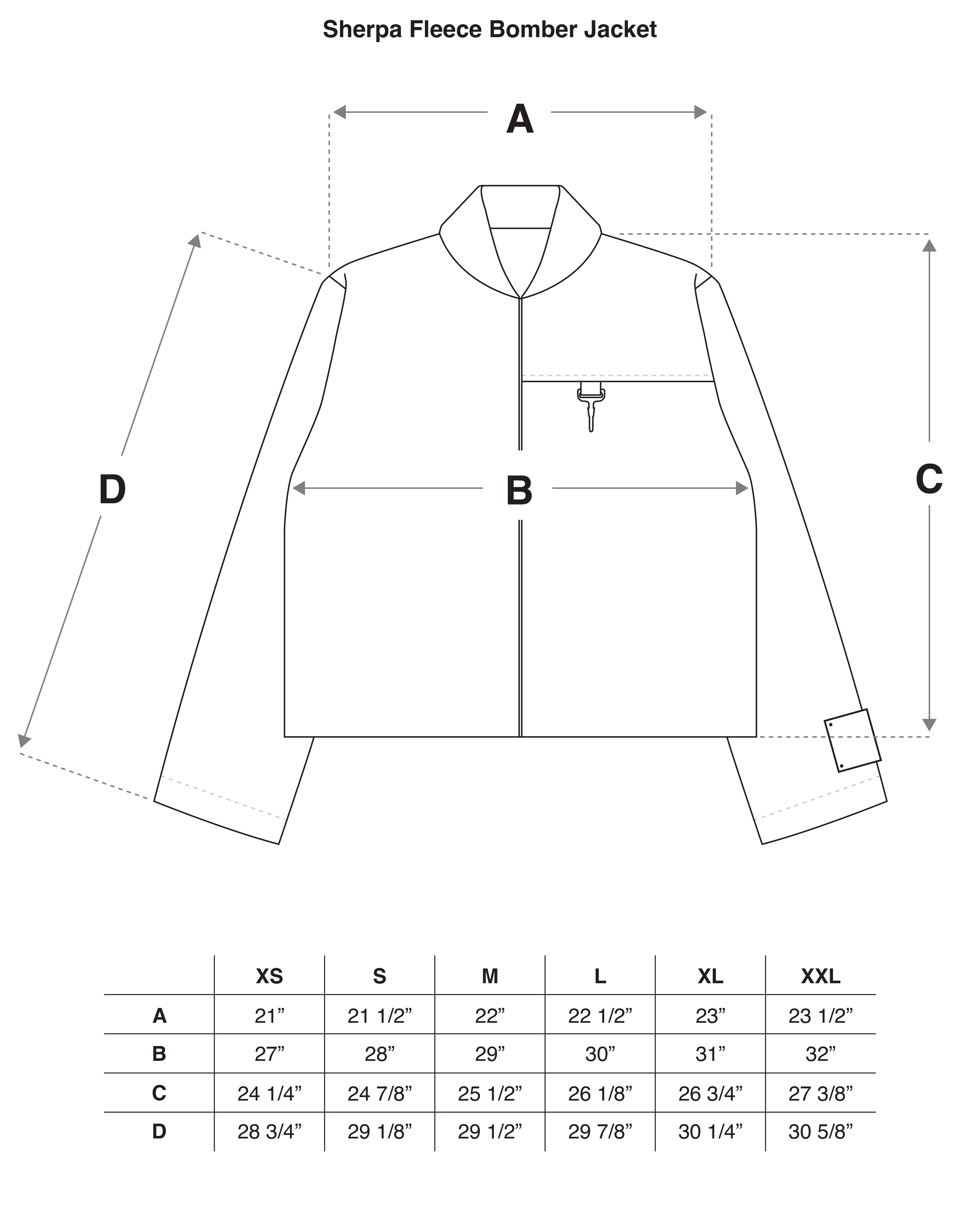 Sherpa Fleece Bomber Jacket in Cream & Khaki Size Guide