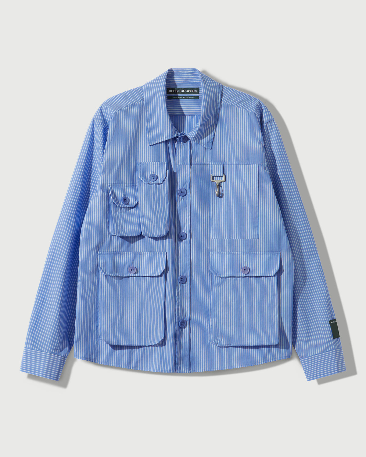 Chambray Cargo Button Down Shirt in Striped Blue
