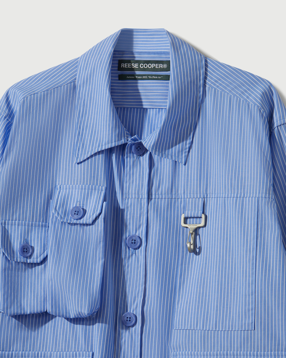 Chambray Cargo Button Down Shirt in Striped Blue