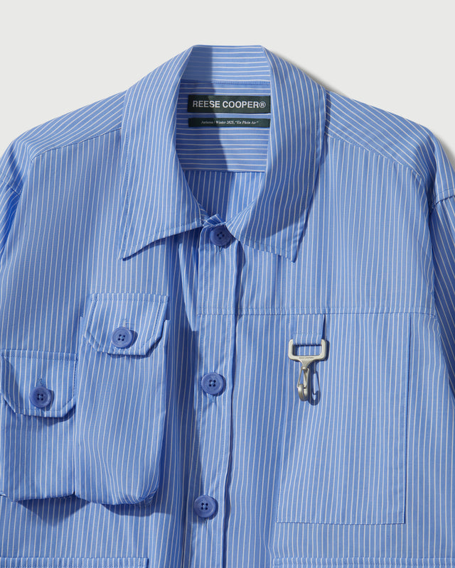Chambray Cargo Button Down Shirt in Striped Blue