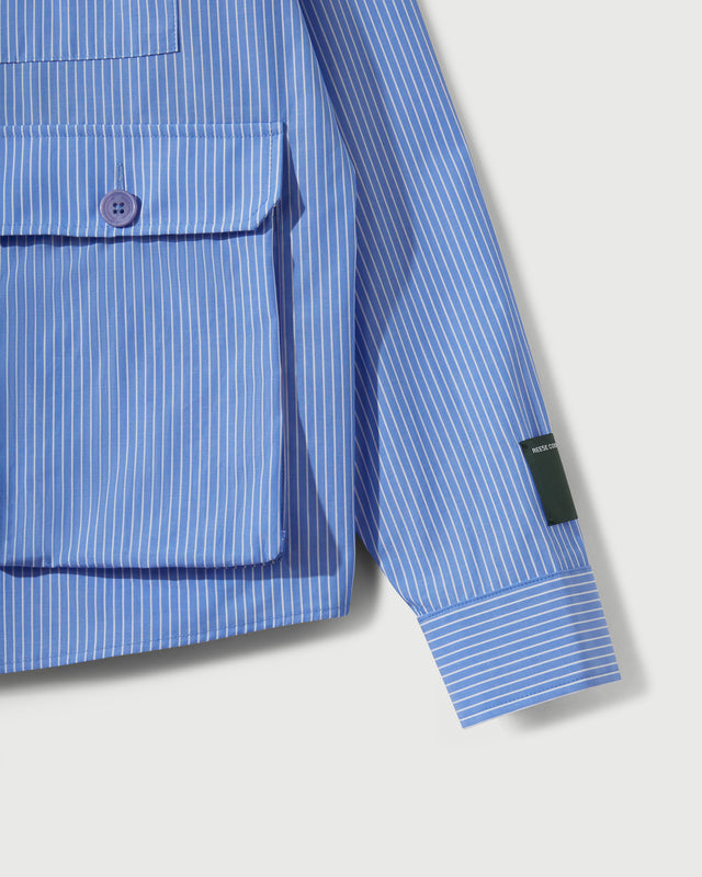 Chambray Cargo Button Down Shirt in Striped Blue