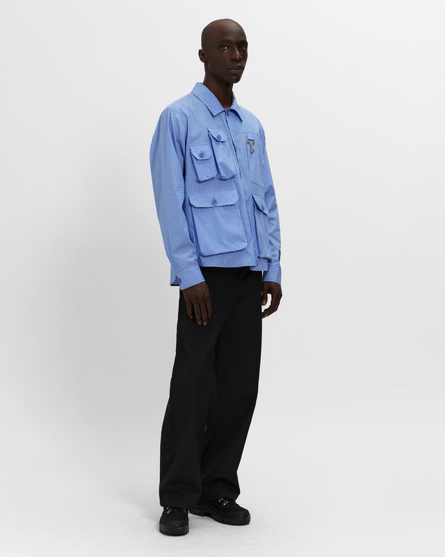 Chambray Cargo Button Down Shirt in Striped Blue