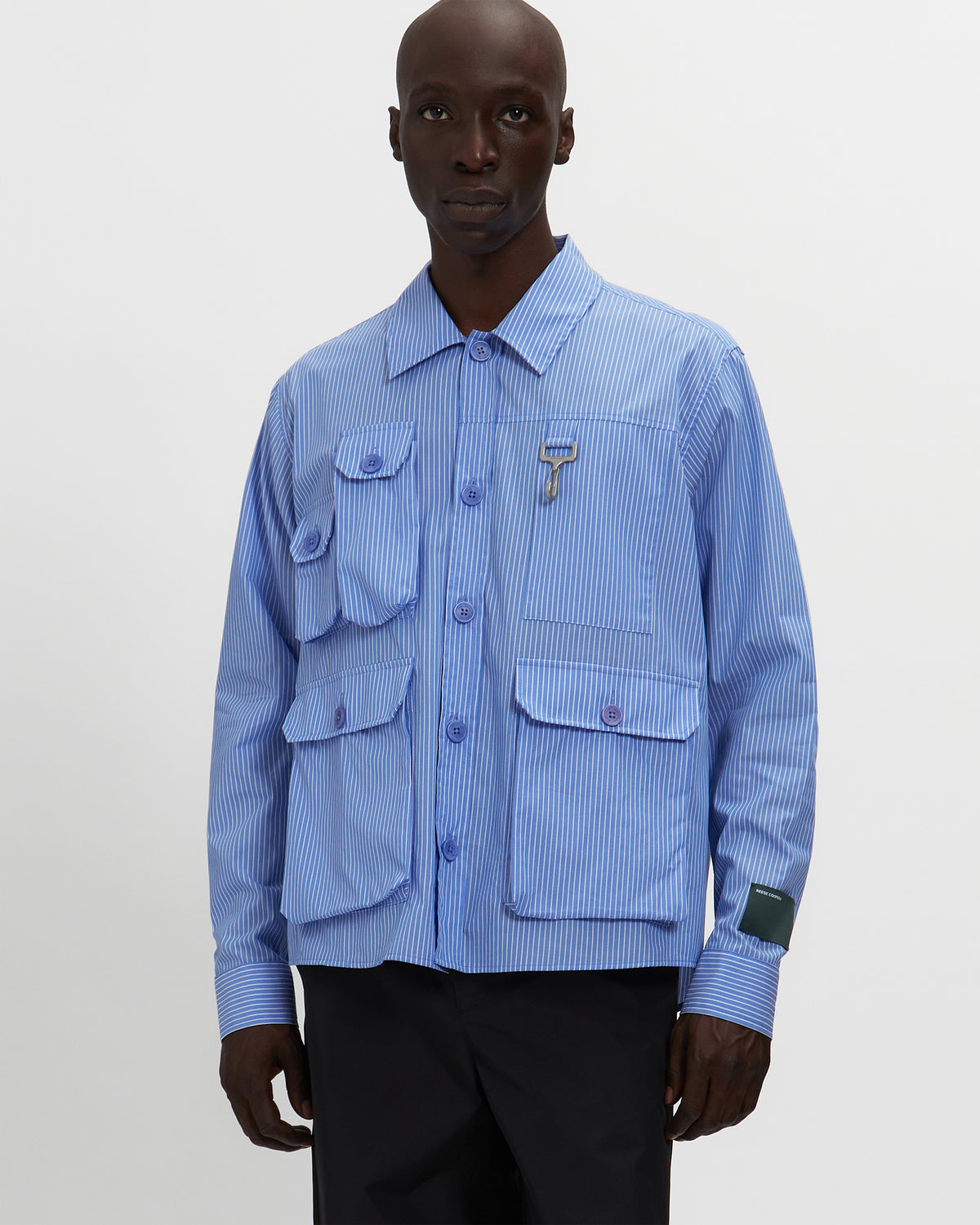 Chambray Cargo Button Down Shirt in Striped Blue