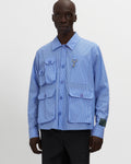 Chambray Cargo Button Down Shirt in Striped Blue