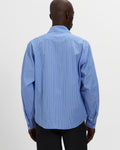 Chambray Cargo Button Down Shirt in Striped Blue
