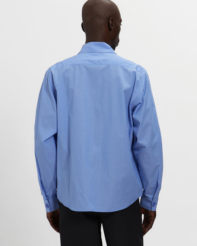 Chambray Cargo Button Down Shirt in Striped Blue