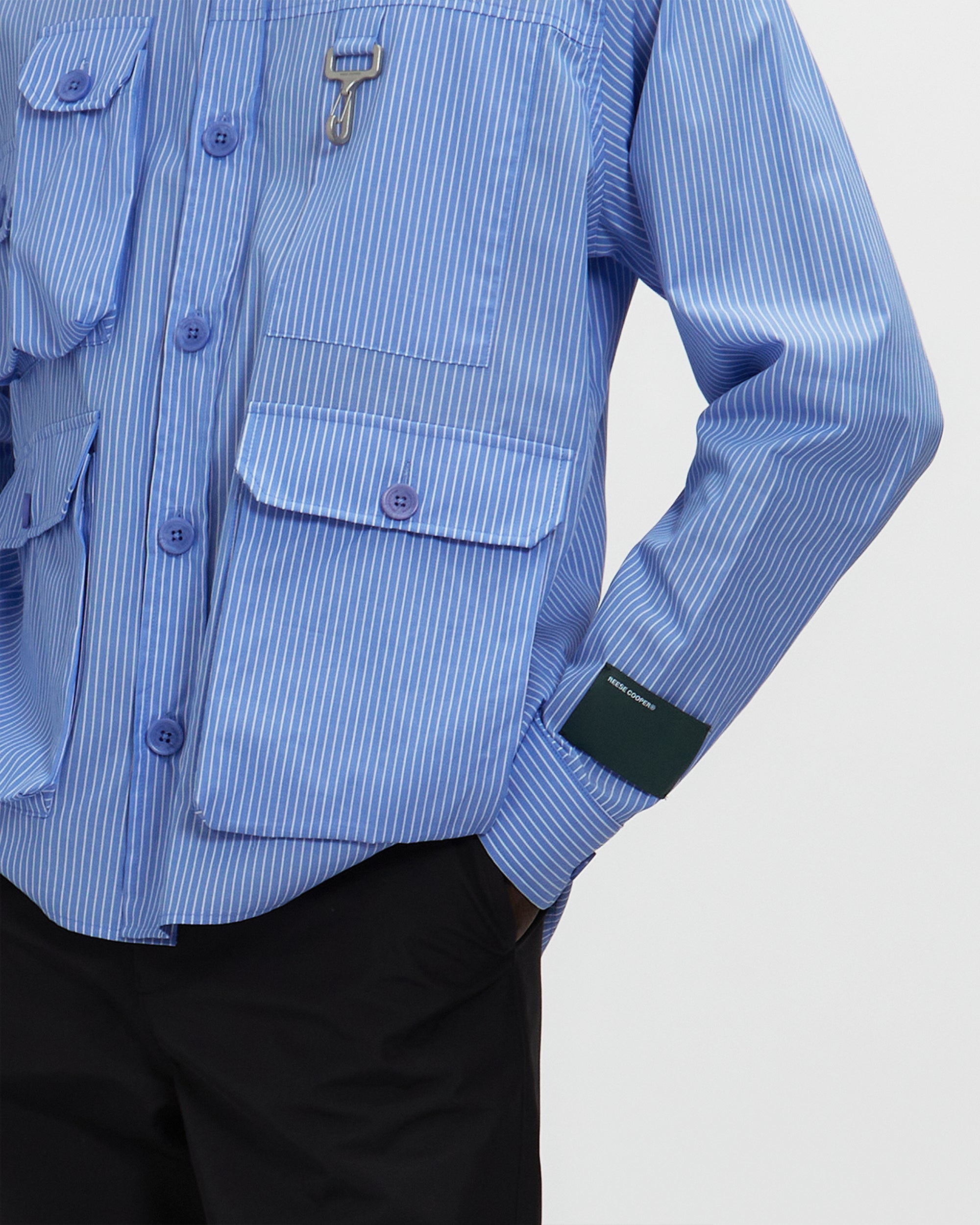 Chambray Cargo Button Down Shirt in Striped Blue