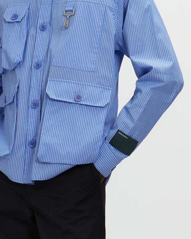 Chambray Cargo Button Down Shirt in Striped Blue