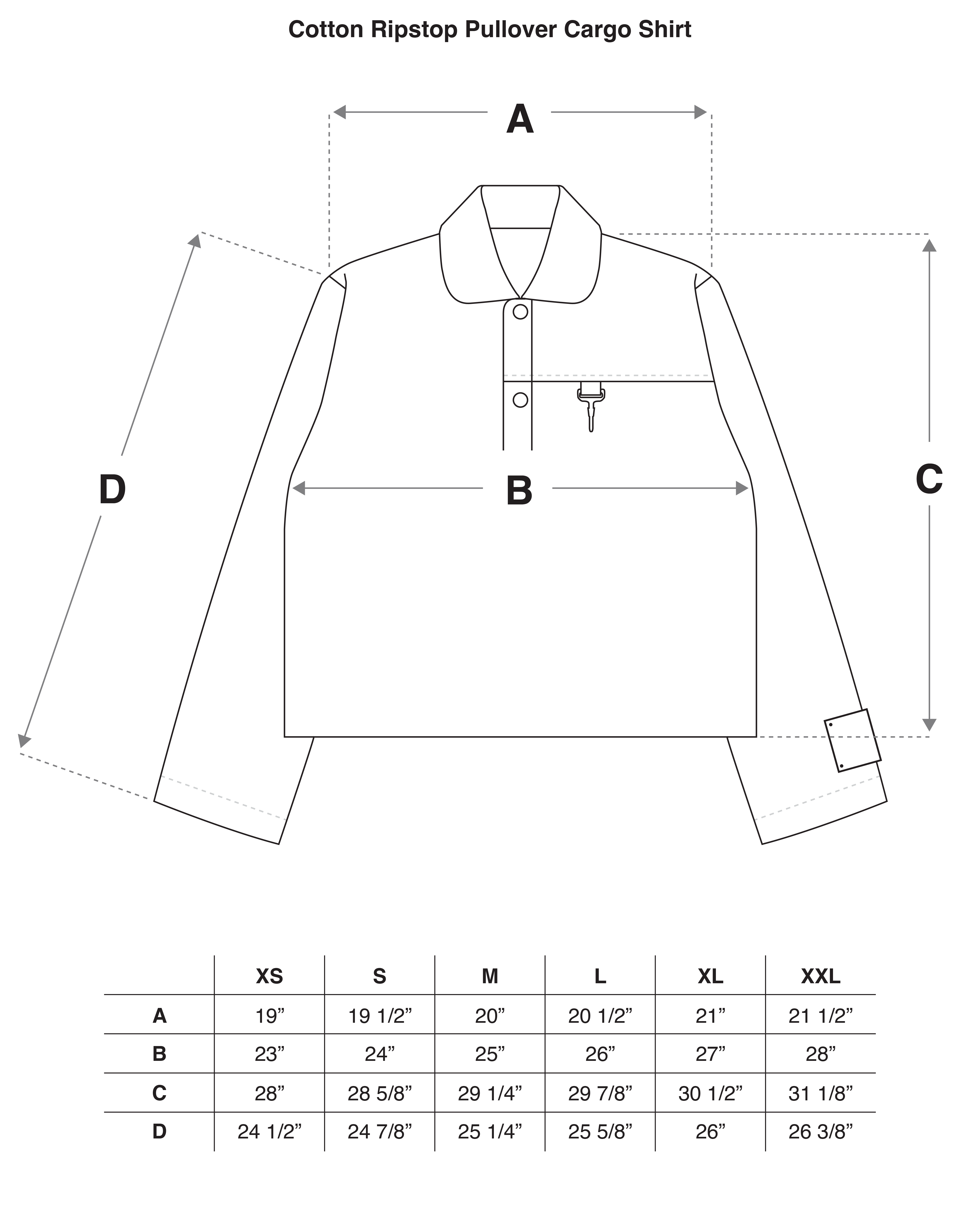 Cotton Ripstop Pullover Cargo Shirt in Sage Size Guide
