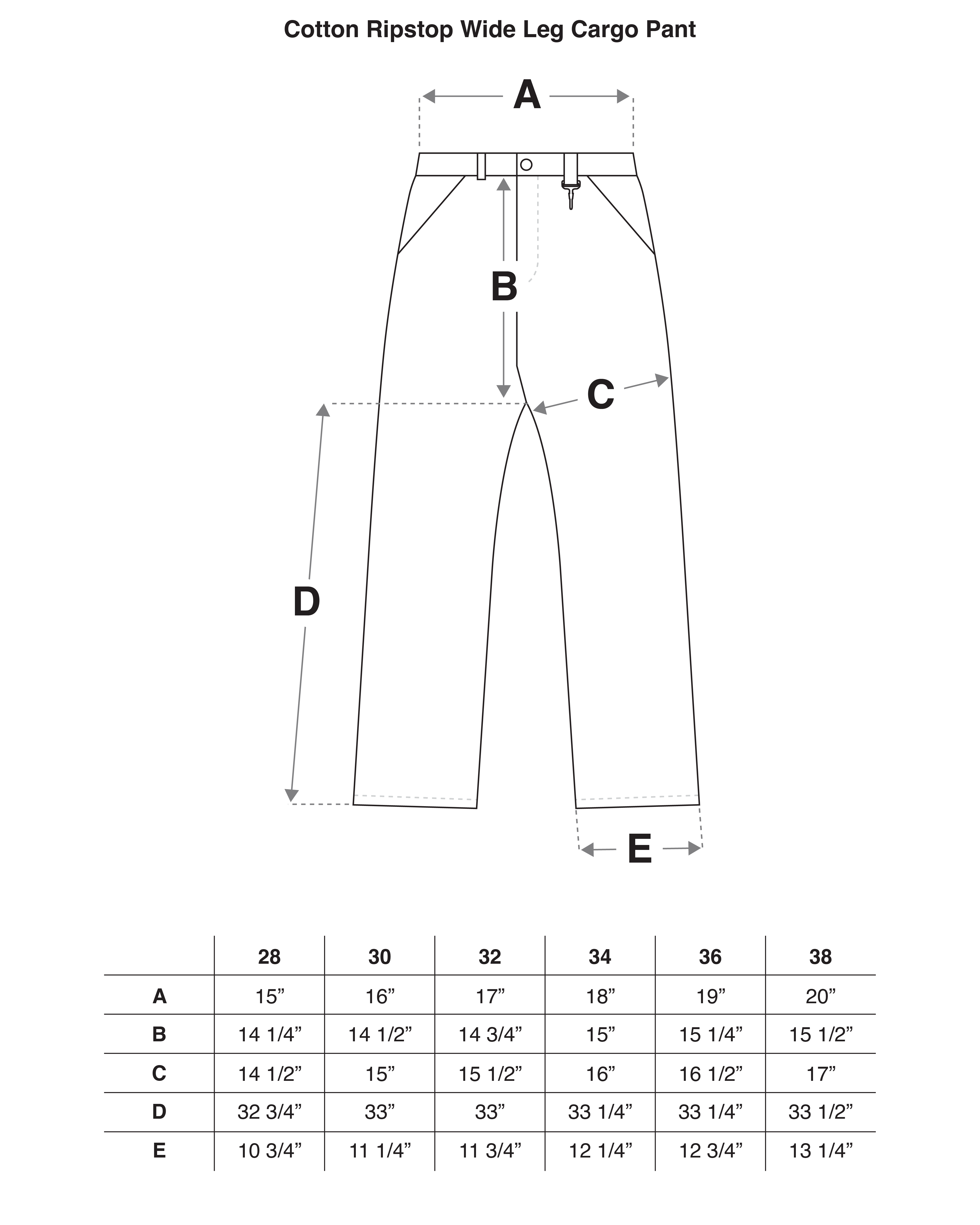Cotton Ripstop Wide Leg Cargo Pant in Camo Size Guide
