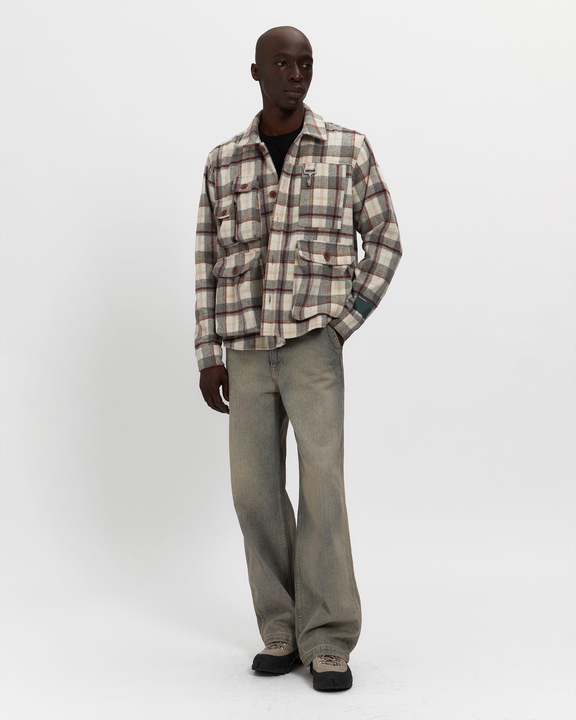 Milled Flannel Cargo Button Down Shirt in Grey