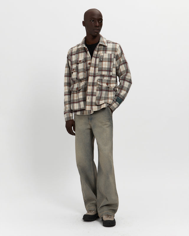 Milled Flannel Cargo Button Down Shirt in Grey