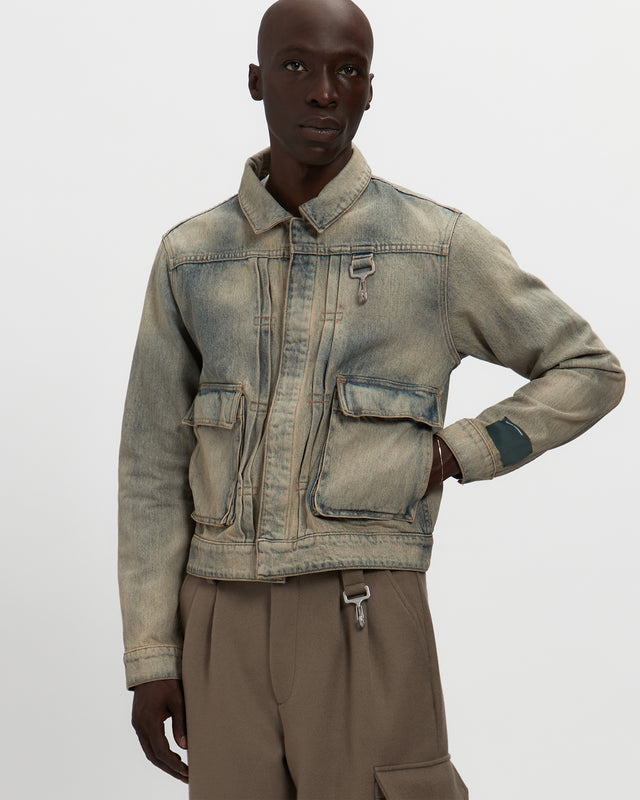 Washed Denim Concealed Button Trucker Jacket