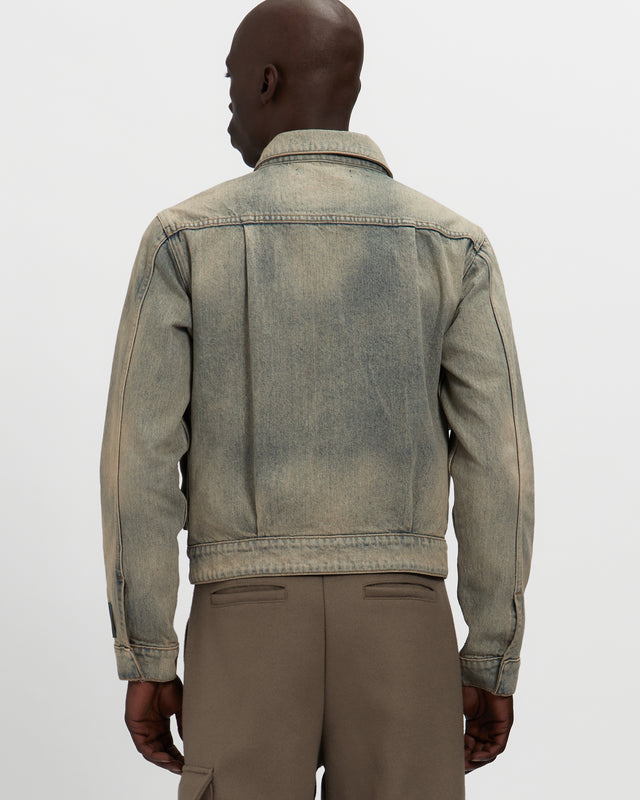 Washed Denim Concealed Button Trucker Jacket