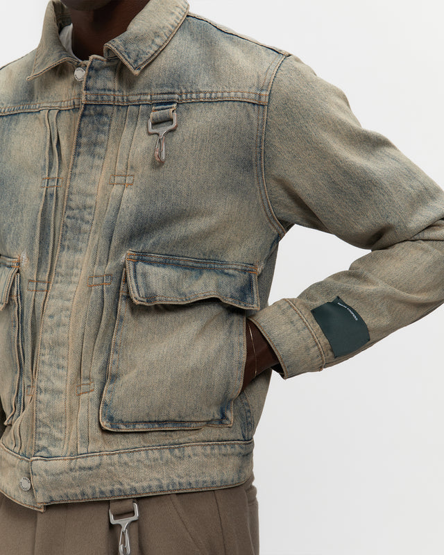 Washed Denim Concealed Button Trucker Jacket