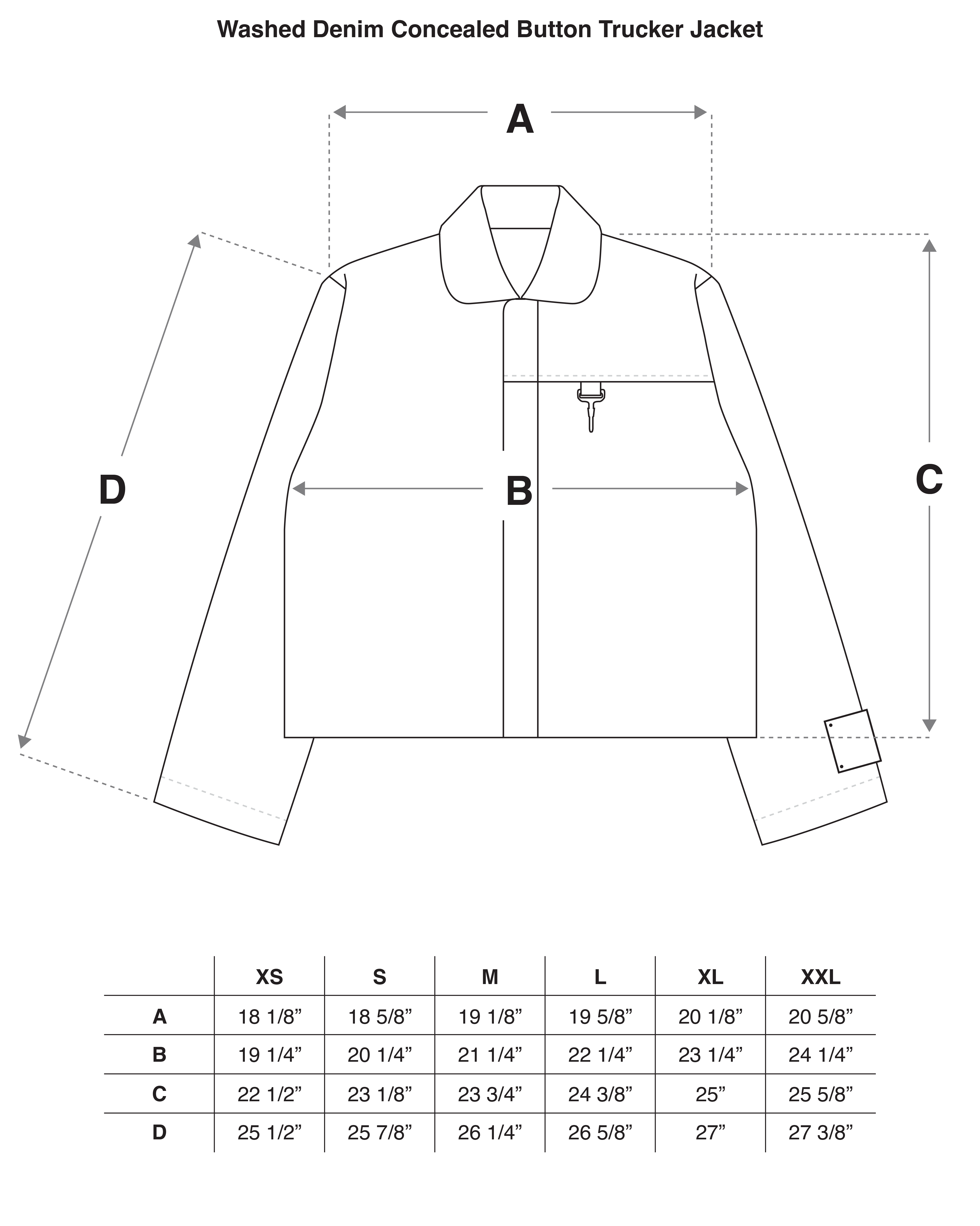 Washed Denim Concealed Button Trucker Jacket Size Guide