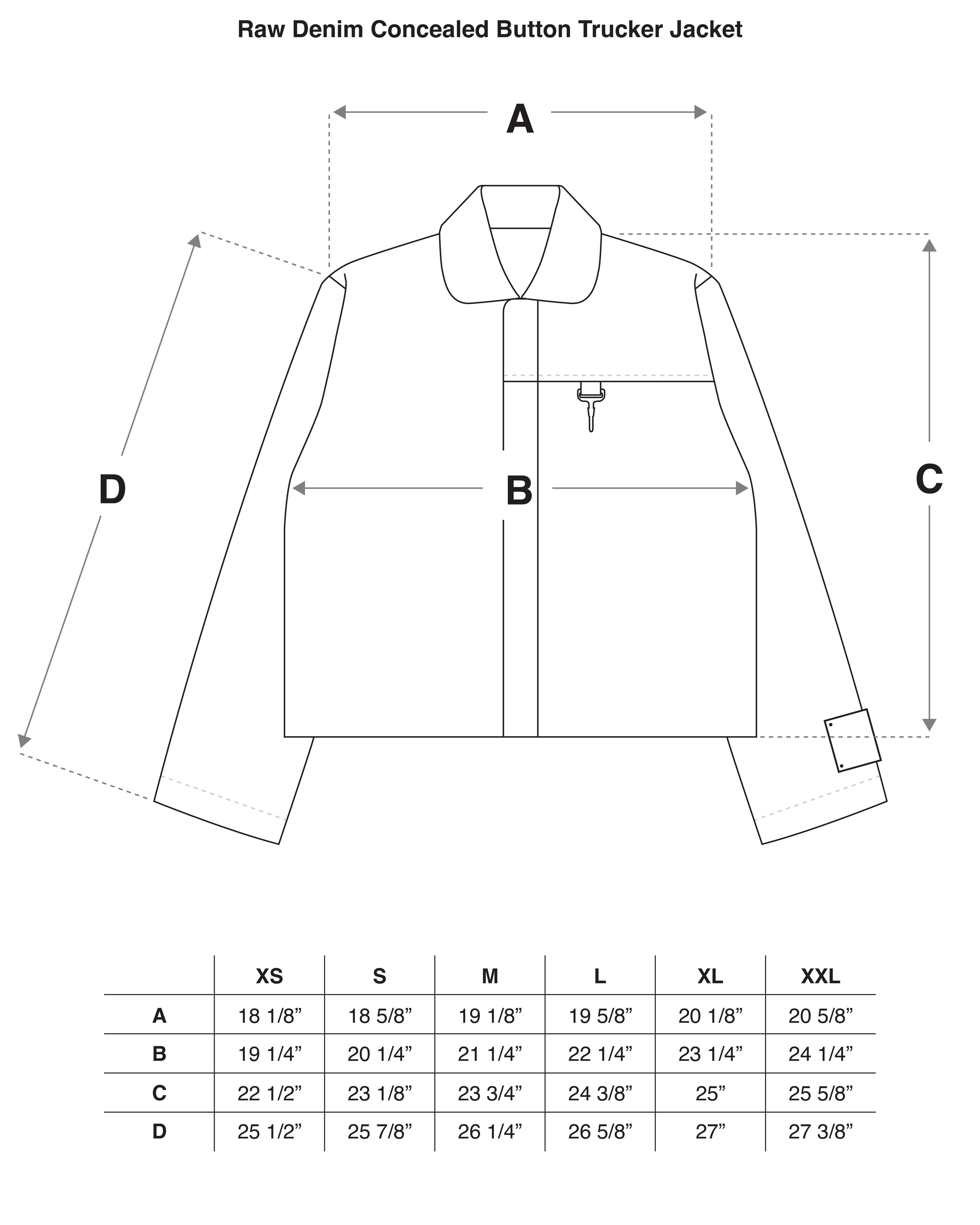 Raw Denim Concealed Button Trucker Jacket Size Guide