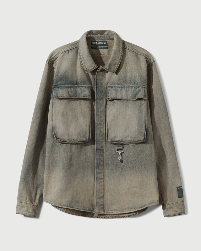 Washed Denim Concealed Button Work Shirt