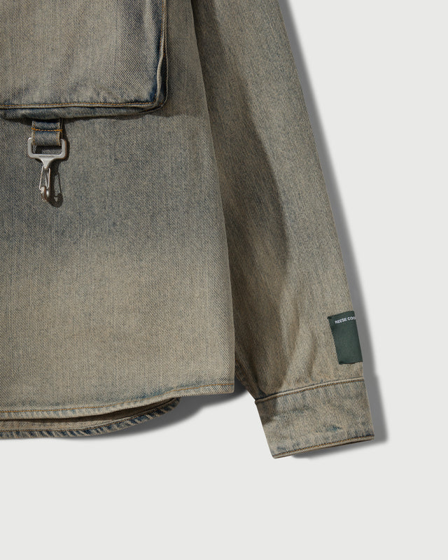 Washed Denim Concealed Button Work Shirt