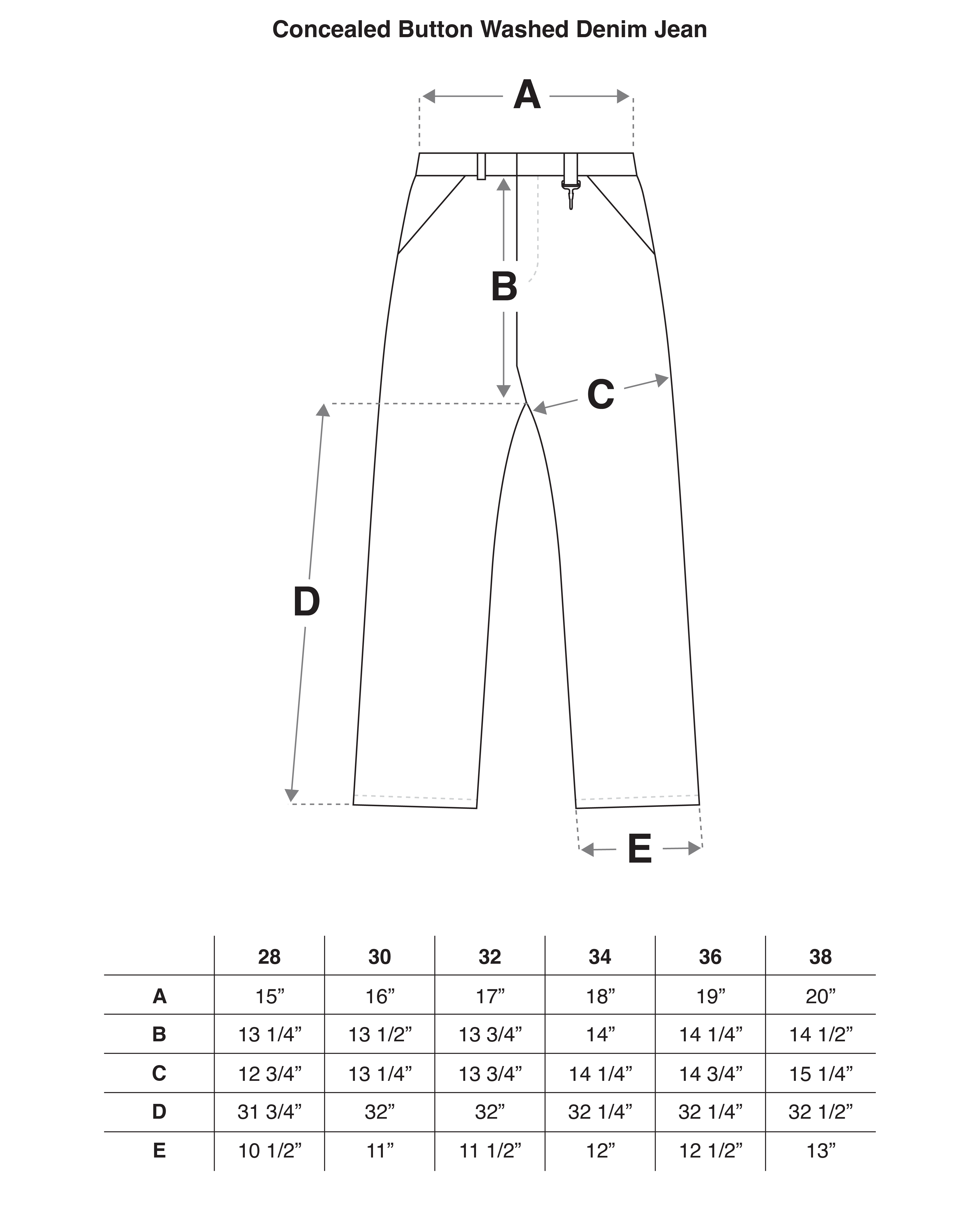 Washed Denim Concealed Button Straight Leg Jean Size Guide