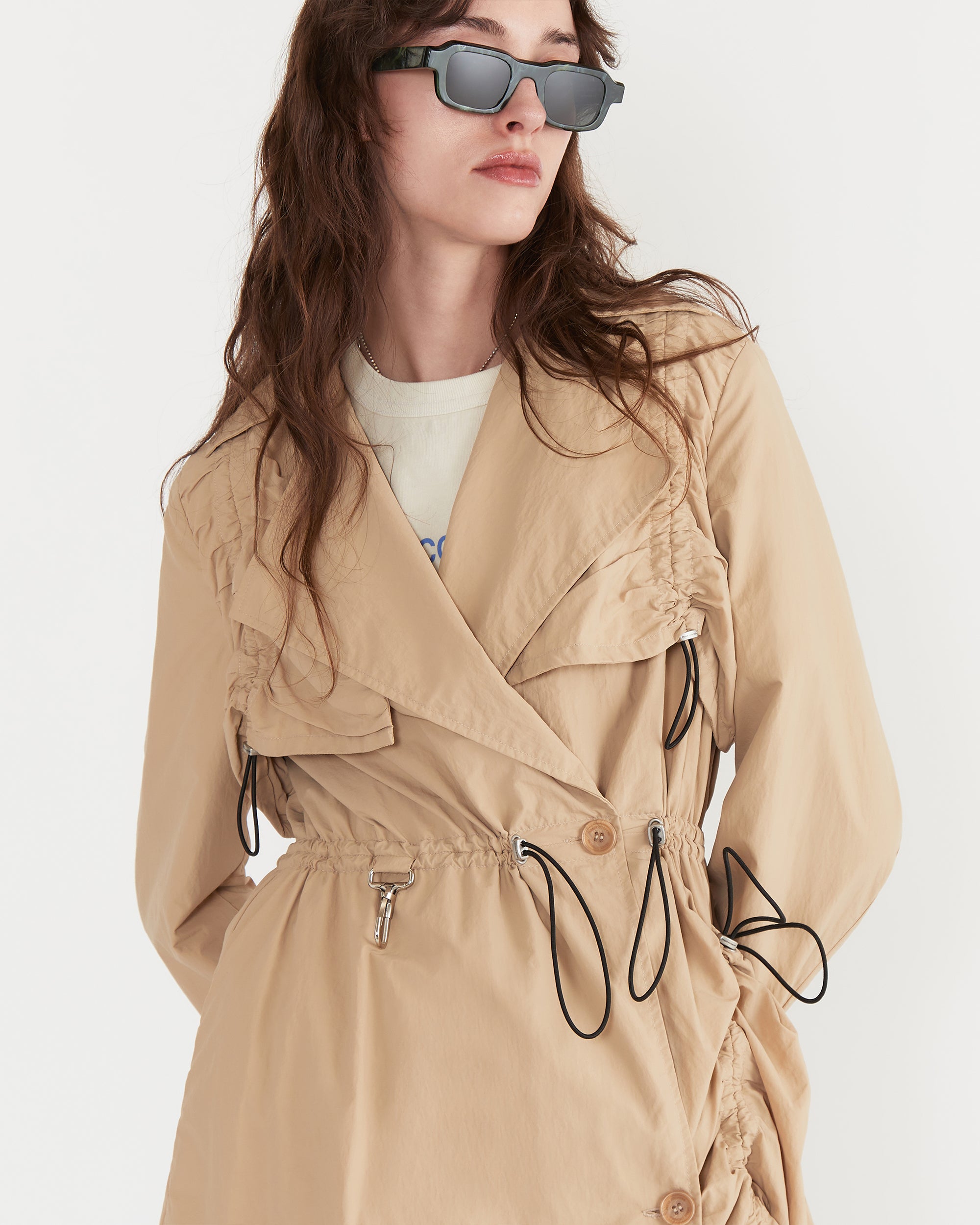 Cinched Nylon Trench Coat in Tan