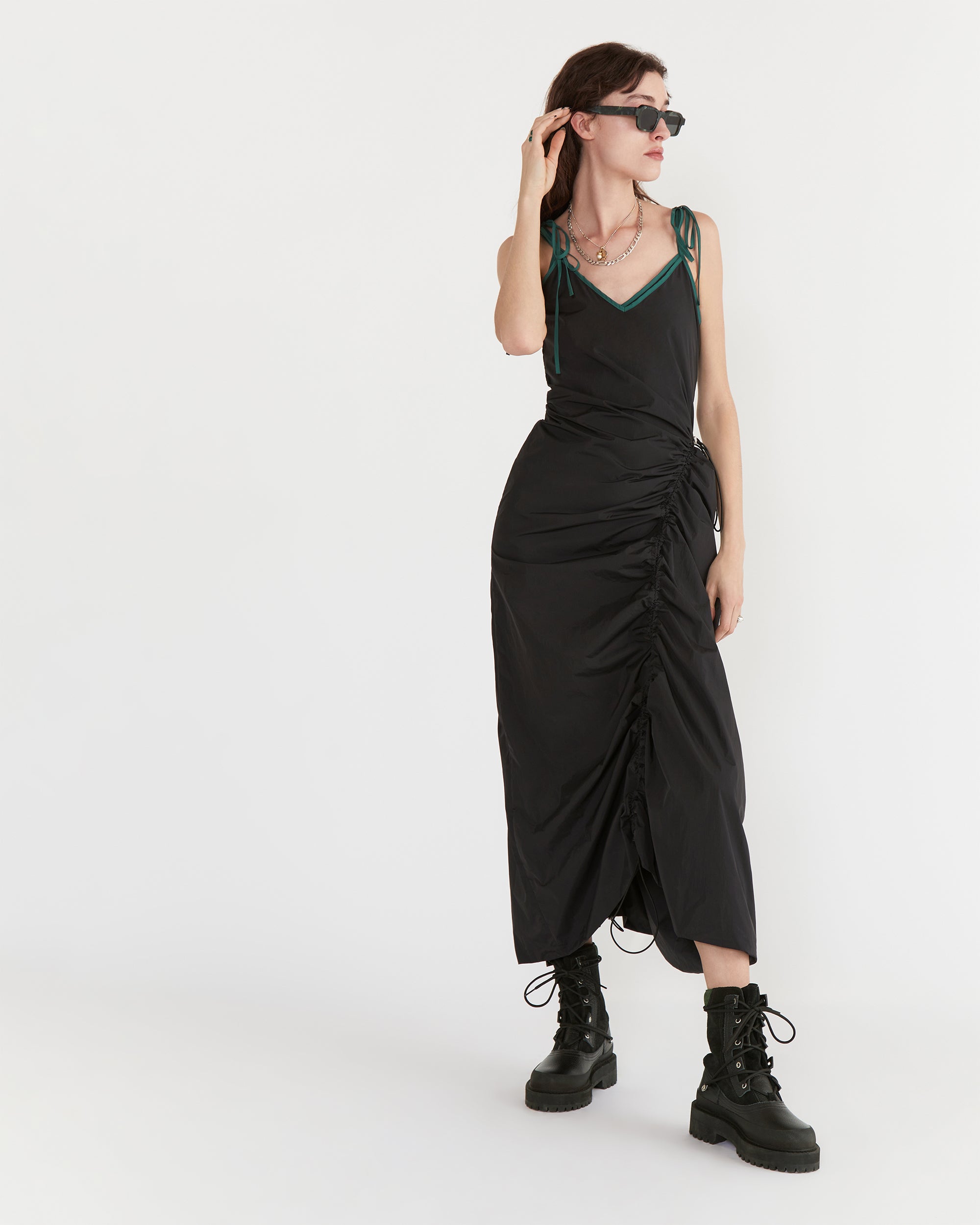 Cinched Nylon Asymmetrical Dress in Black