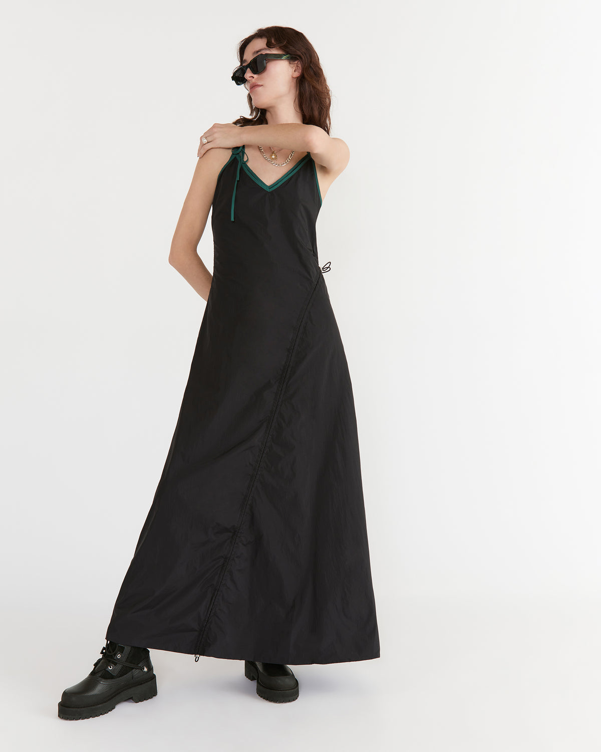 Cinched Nylon Asymmetrical Dress in Black