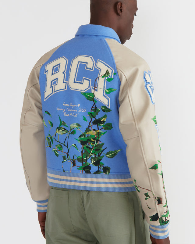 Embroidered Vines Varsity Jacket in Sky Blue XL