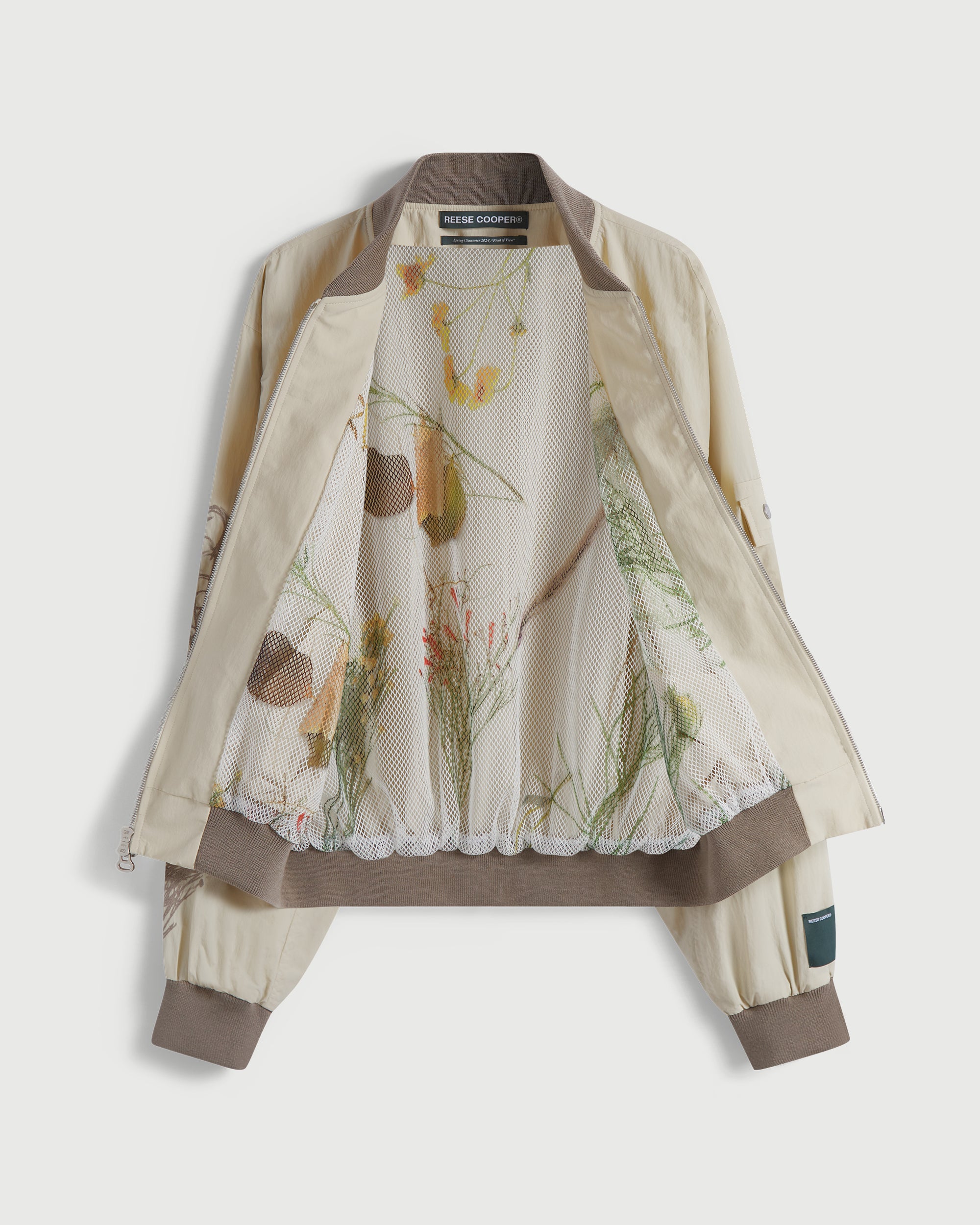 Desert Marigold Embroidered Nylon Bomber Jacket in Beige