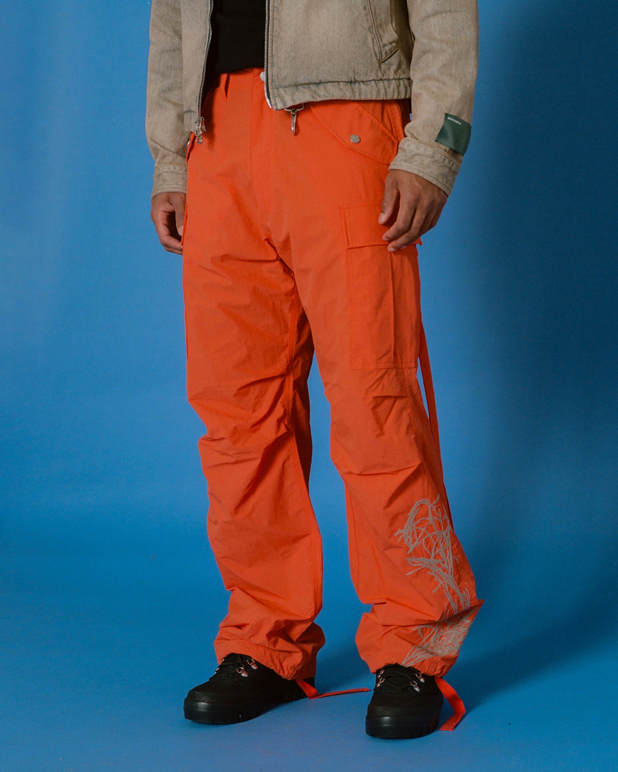 Desert Marigold Embroidered Nylon Cargo Pant in Orange