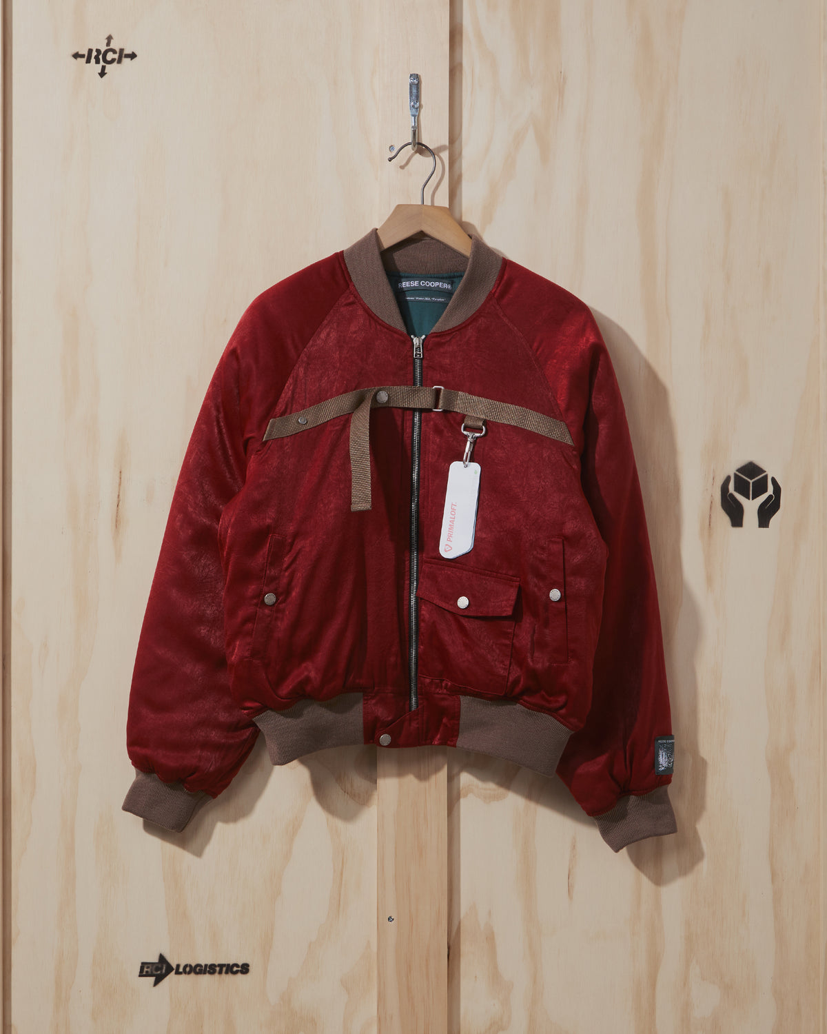 AW21 RCI International Padded Satin Bomber Jacket in Burgundy