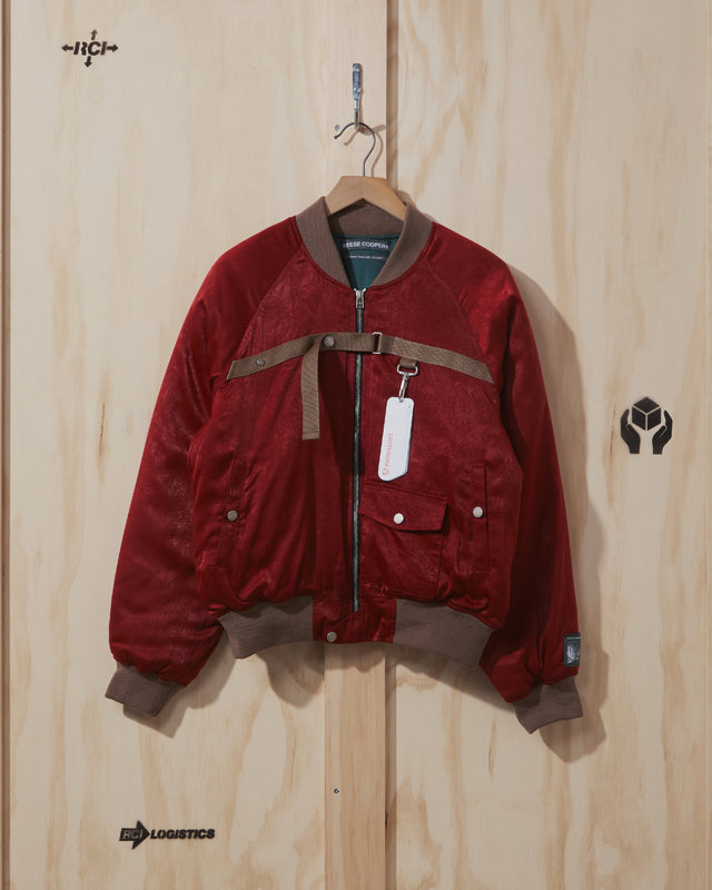 AW21 RCI International Padded Satin Bomber Jacket in Burgundy