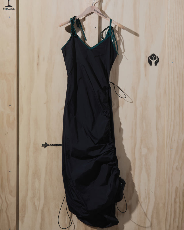 SS23 Cinched Nylon Asymmetrical Dress in Black