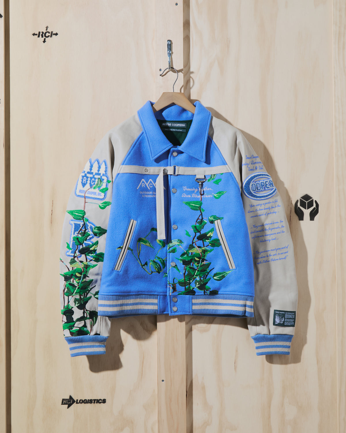 SS23 Embroidered Vines Varsity Jacket in Sky Blue