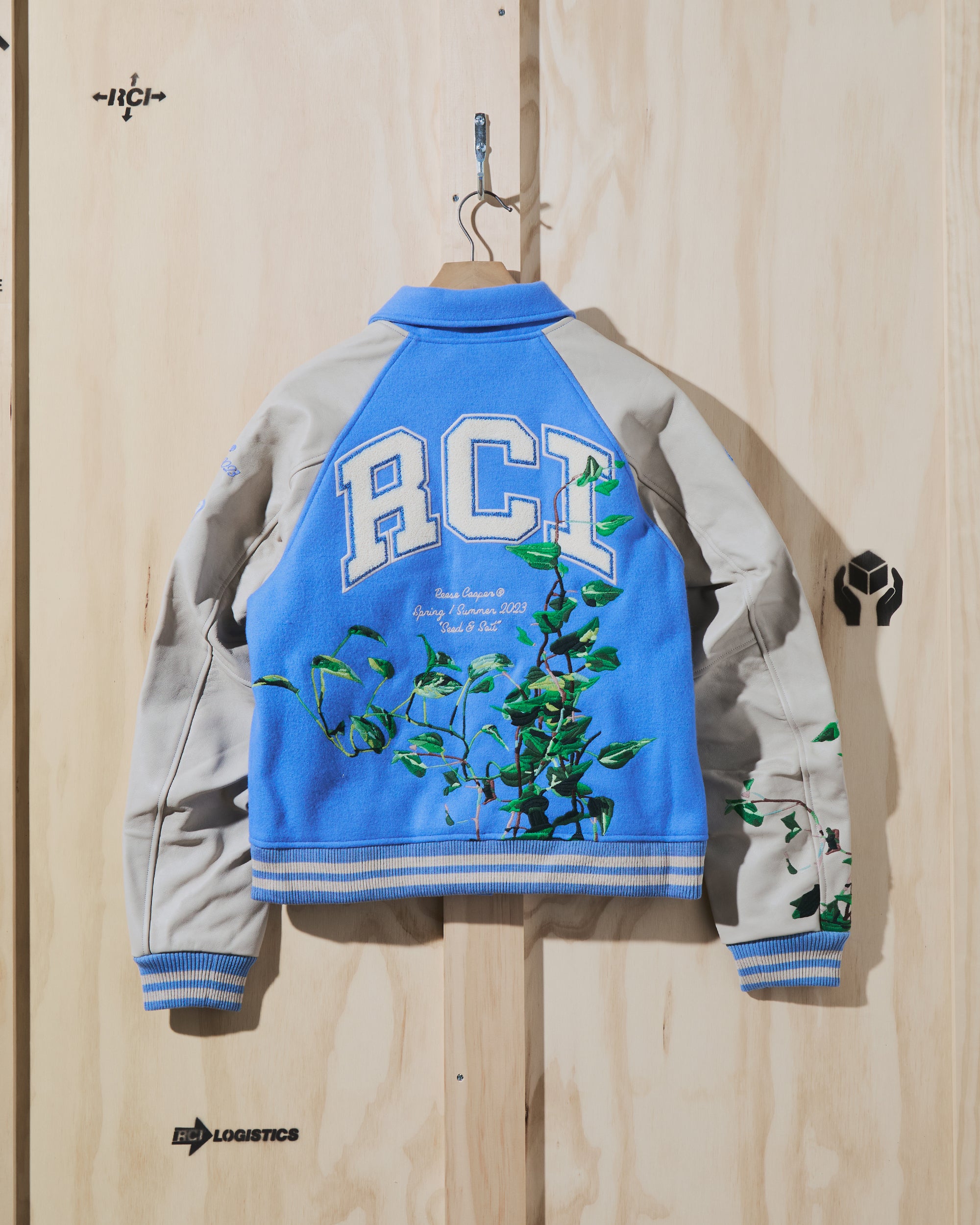 SS23 Embroidered Vines Varsity Jacket in Sky Blue