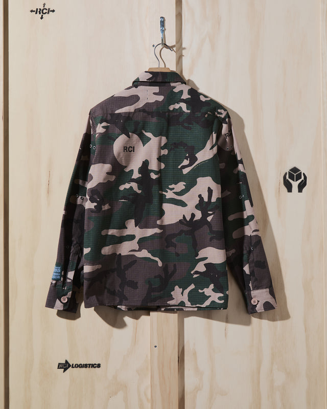 AW23 Modular Pocket Cotton Ripstop Button Down Shirt in Camo