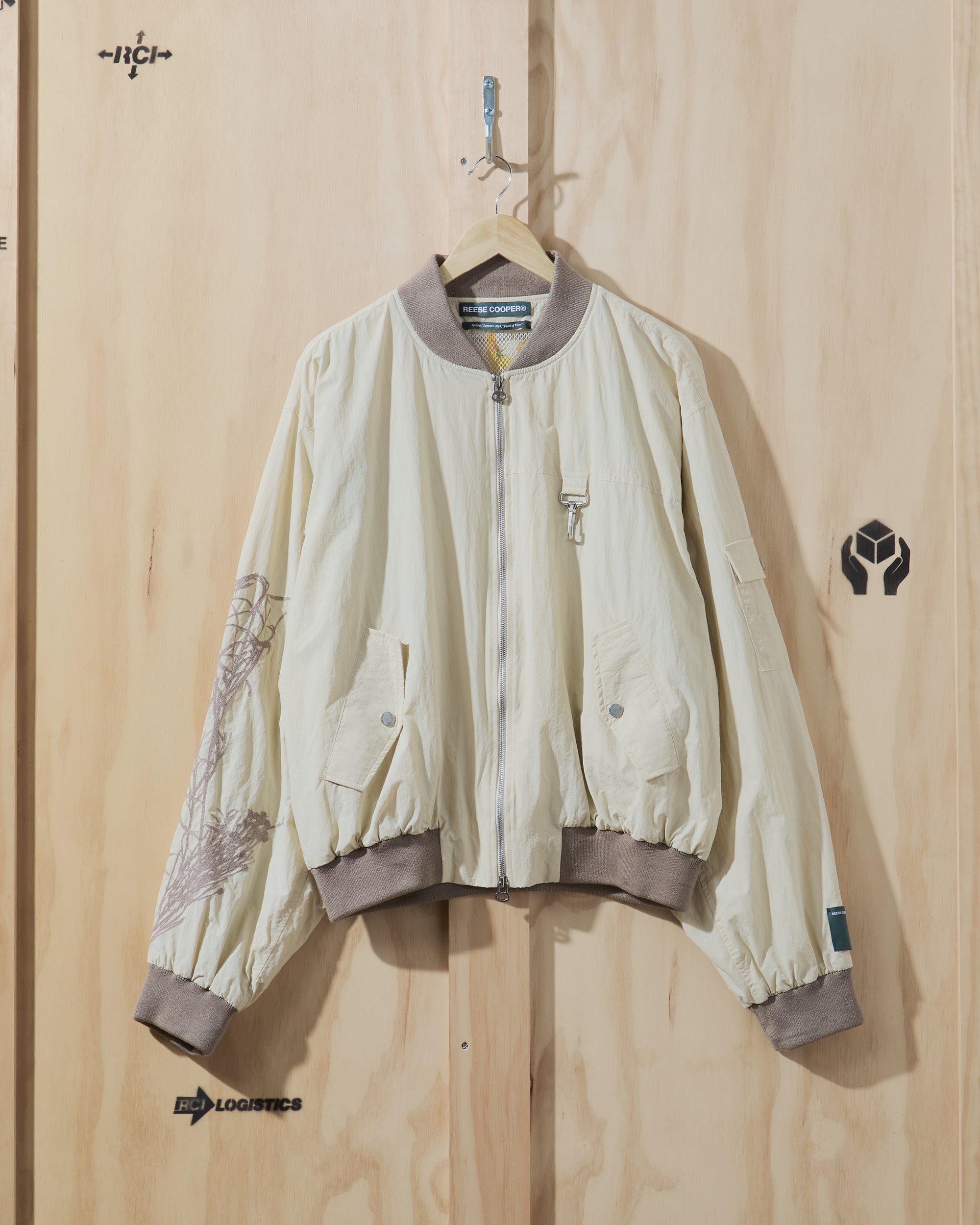 SS24 Desert Marigold Embroidered Nylon Bomber Jacket in Beige