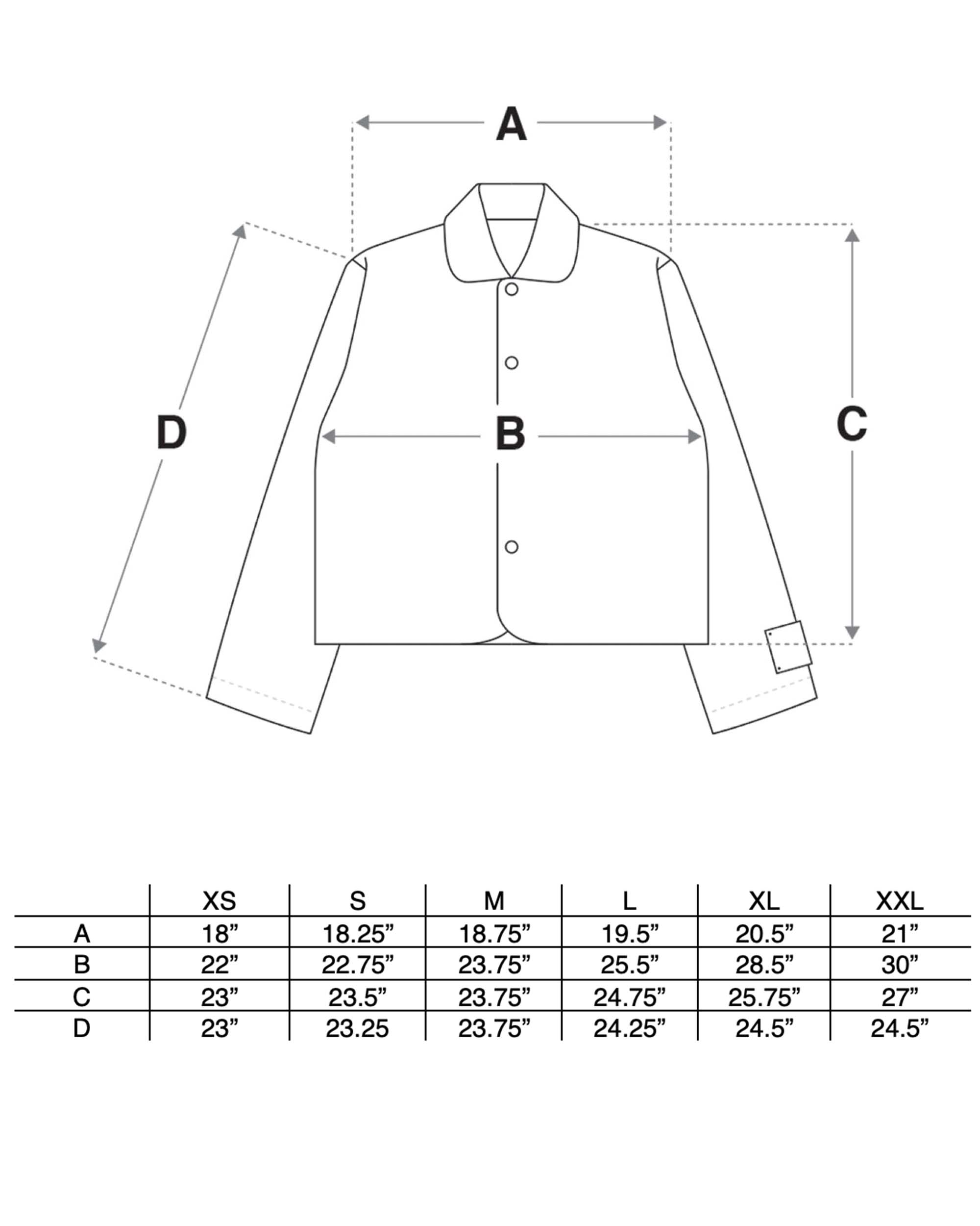RCI x Levi's Washed Denim Chore Coat Size Guide