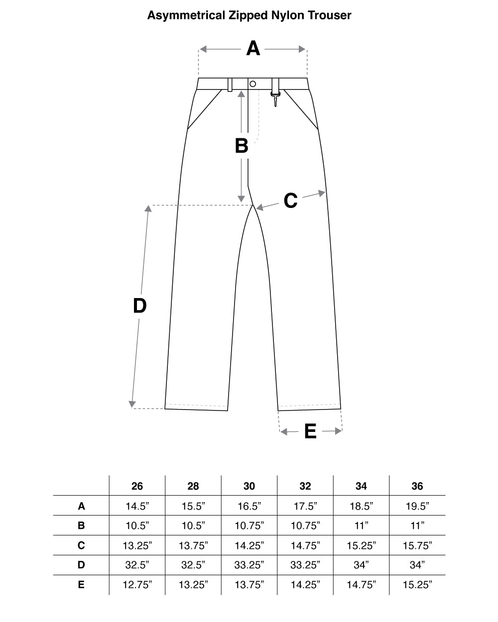 Asymmetrical Zipped Nylon Trouser in Black Size Guide