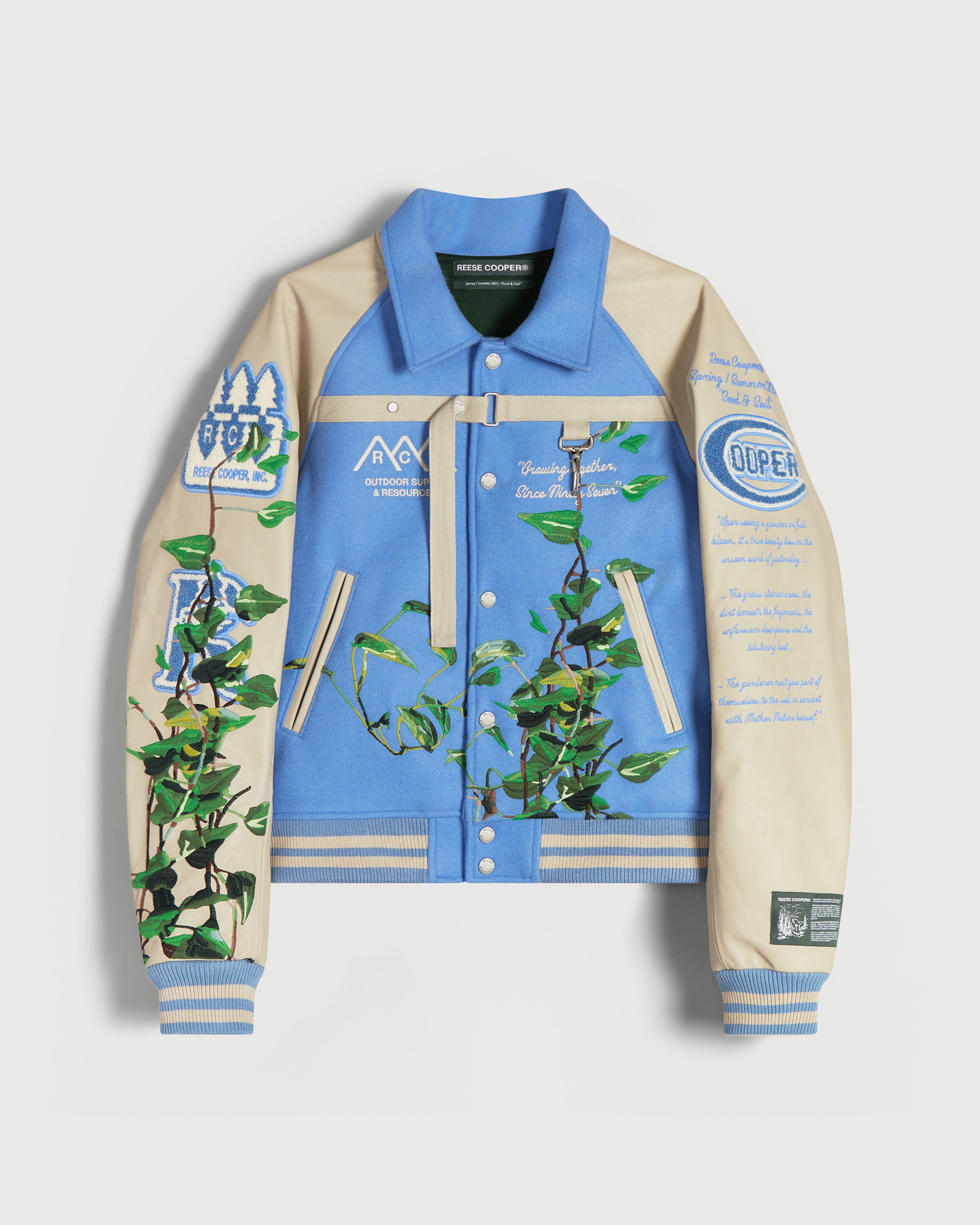 Reese COOPER® Embroidered Vines Varsity Jacket in Sky Blue XL