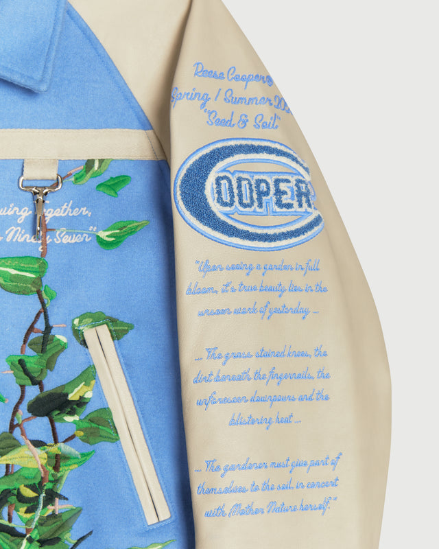 Reese Cooper Embroidered Vines Varsity Jacket Large / Sky Blue